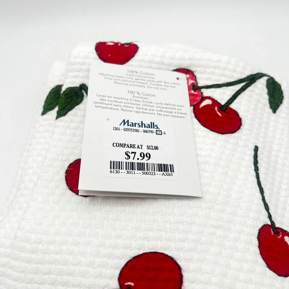 KitchenAid Cherry Print Kitchen Towels Set of 2 White Red Waffle Weave Cotton